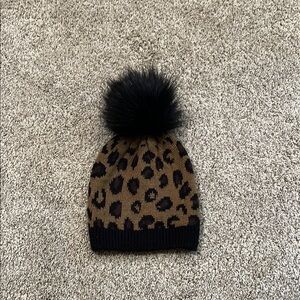 Leopard Print Beanie with Black Pom Pom